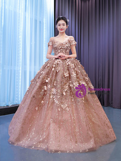 Pink Tulle Sequins Appliques Off the Shoulder Prom Dress